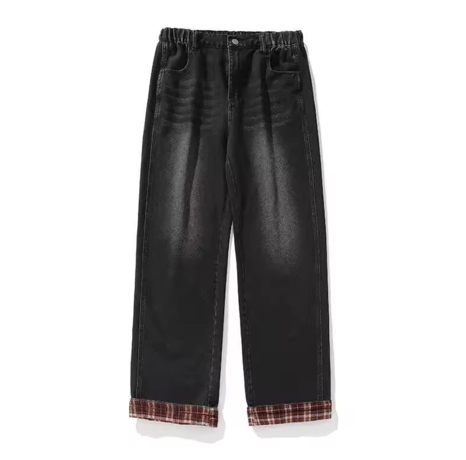 Plaid Cuffed Black Jeans
