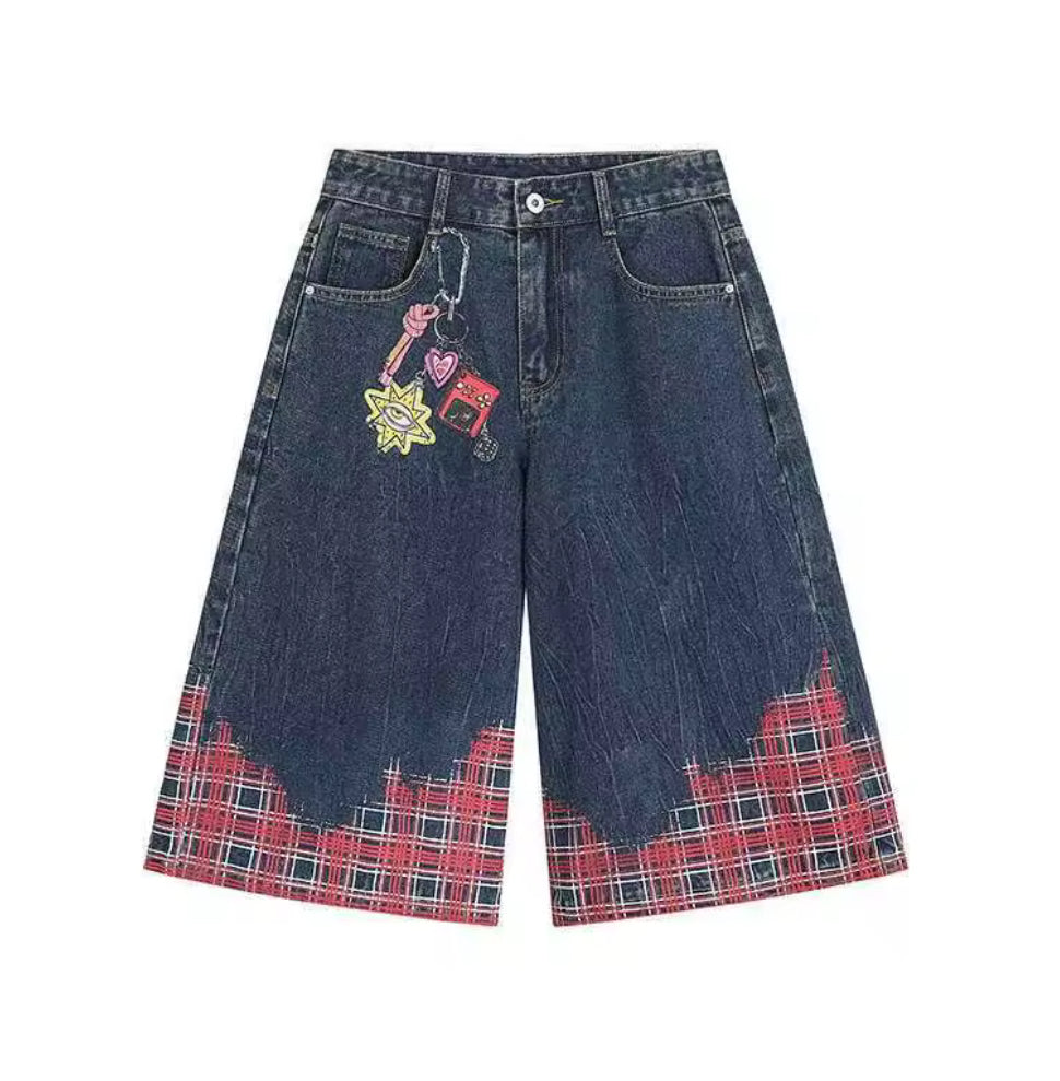 Navy Blue Retro Plaid Jorts
