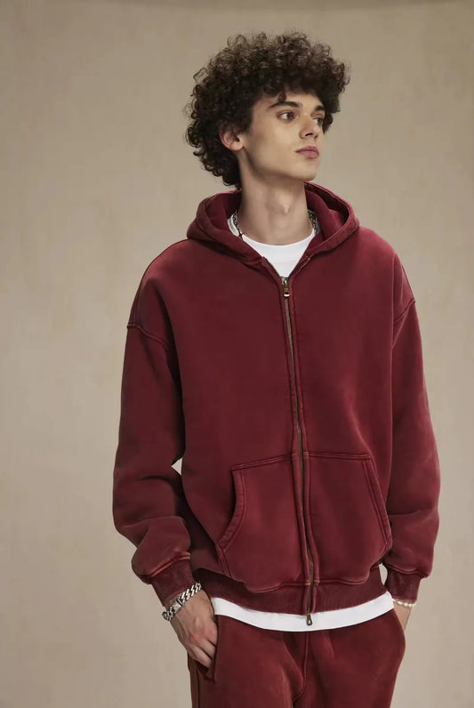 Faded Red Double Zip Hoodie