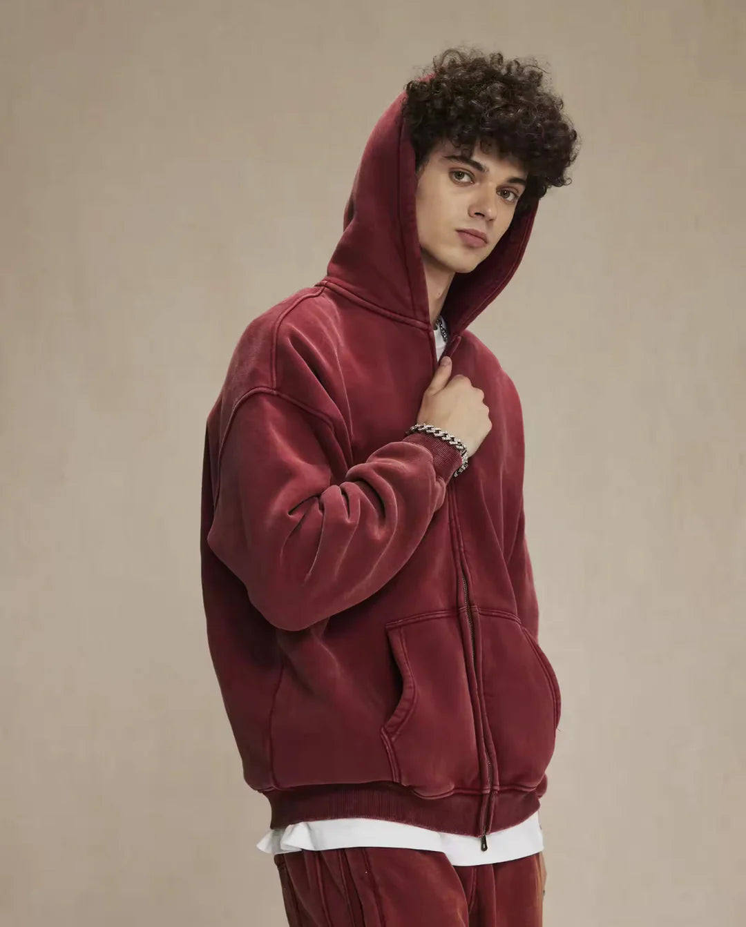 Faded Red Double Zip Hoodie