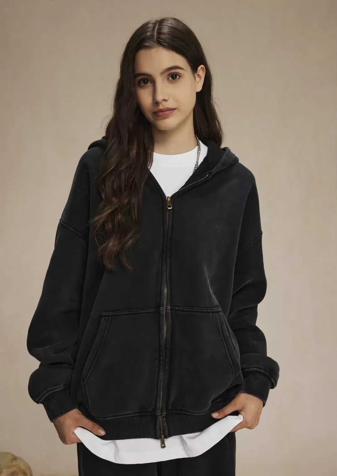 Faded Black Double Zip Hoodie