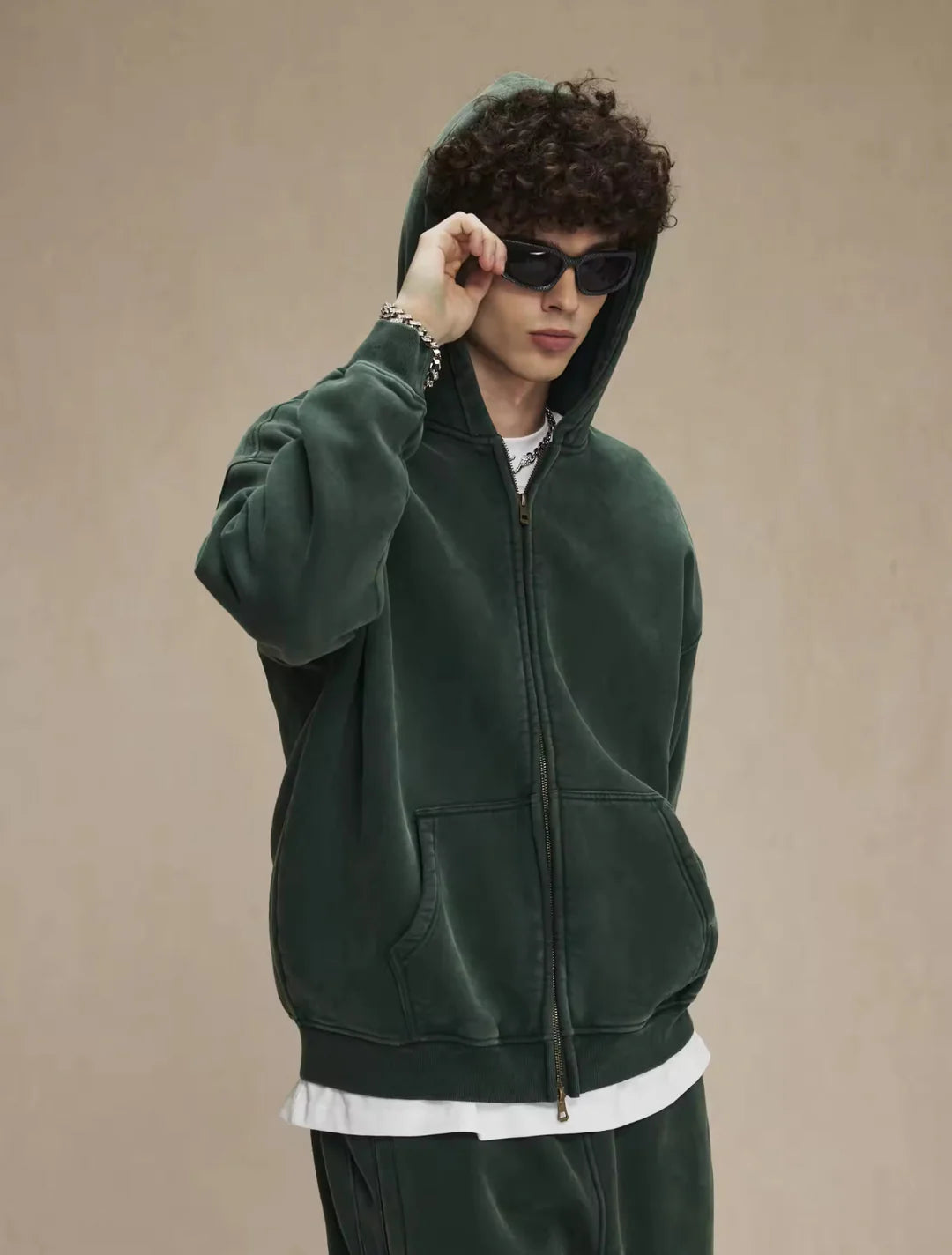 Faded Green Double Zip Hoodie