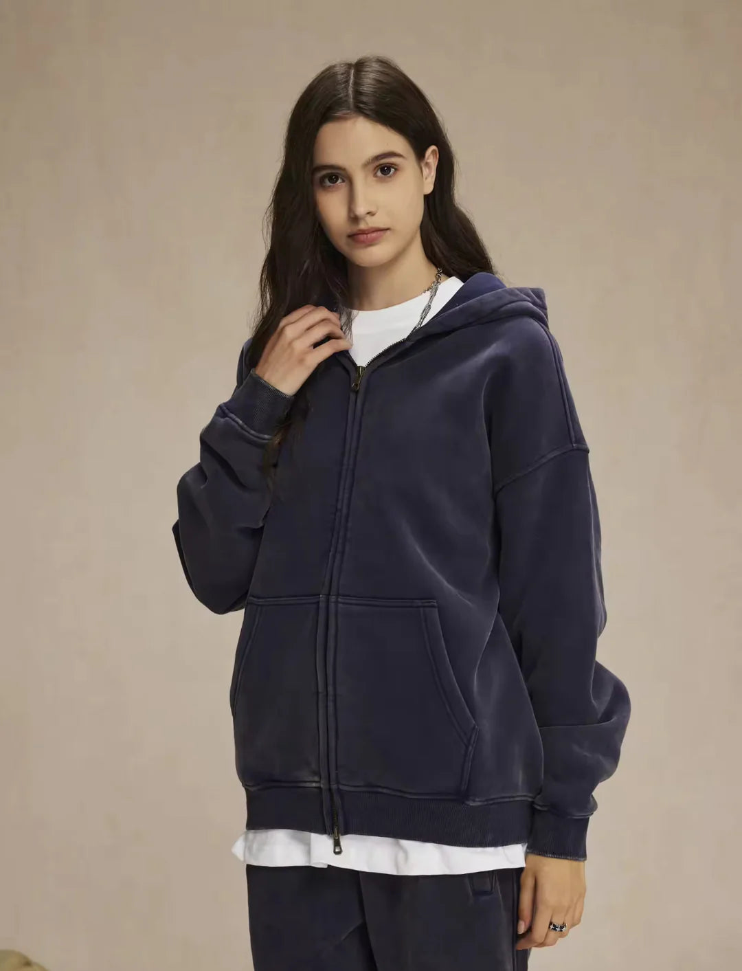 Faded Navy Blue Double Zip Hoodie