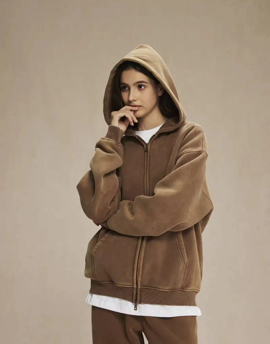 Faded Brown Double Zip Hoodie
