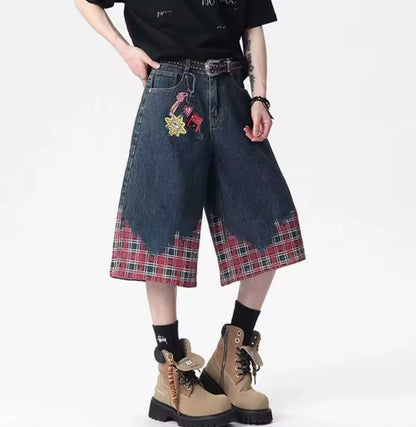 Navy Blue Retro Plaid Jorts