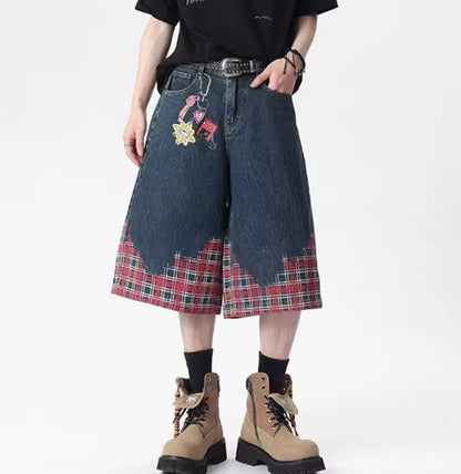 Navy Blue Retro Plaid Jorts