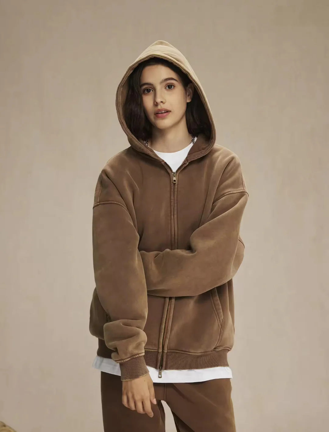 Faded Brown Double Zip Hoodie