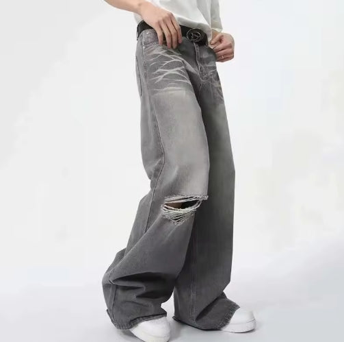 Gray Ripped Baggy Washed Jeans
