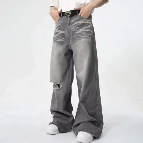 Gray Ripped Baggy Washed Jeans