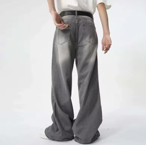 Gray Ripped Baggy Washed Jeans