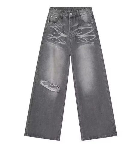 Gray Ripped Baggy Washed Jeans